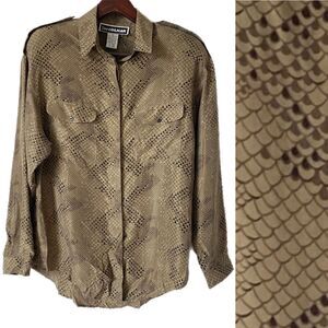 Vintage 100% Silk Blouse 80s Snakeskin Print Pockets Sz M